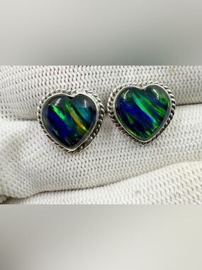 Aurora Opal Heart-Shaped Blue-Green Stud Earrings in 925 Silver